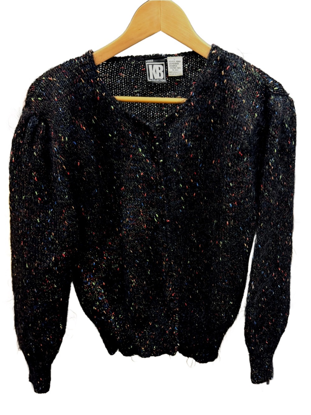 Vintage KB Collections Black Confetti Fleck Puff Sleeve Knit Cardigan L